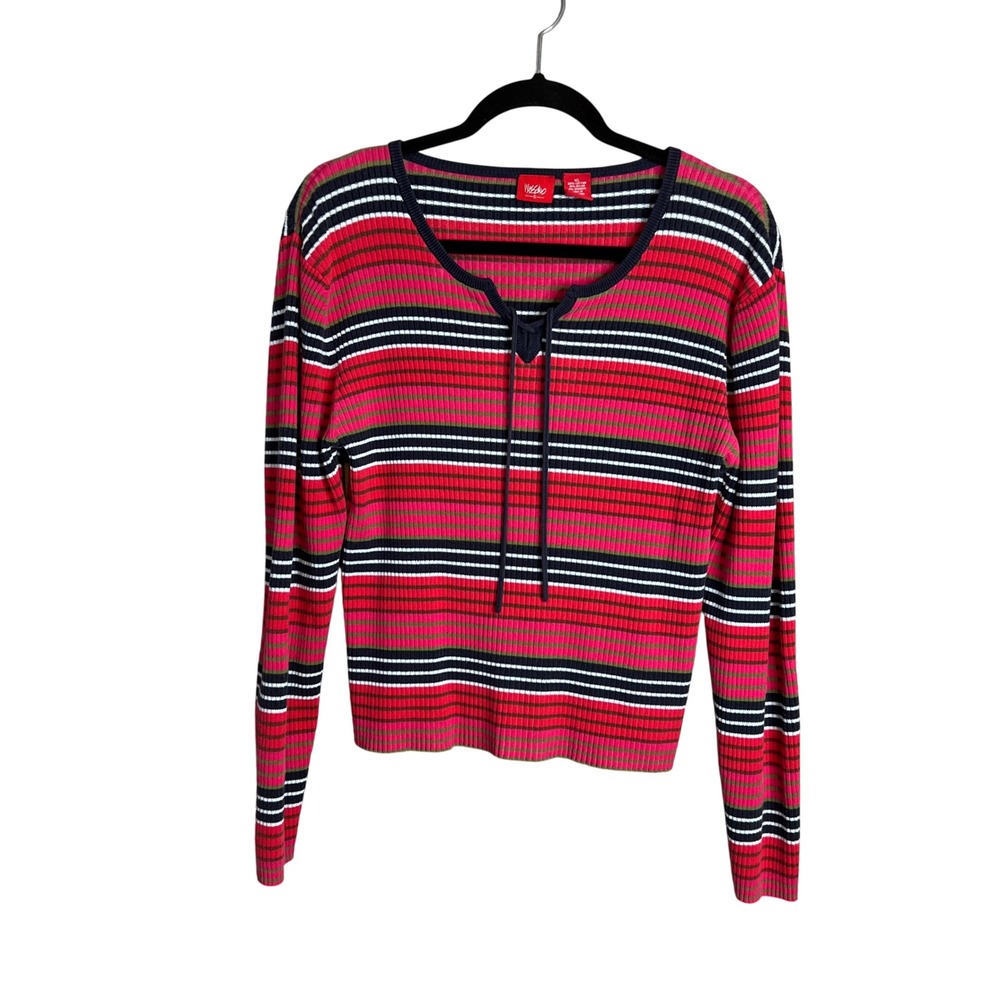 Mossimo Striped Long Sleeve Top Size XL Y2K Tie Neck Pullover Top Red Multi 90s